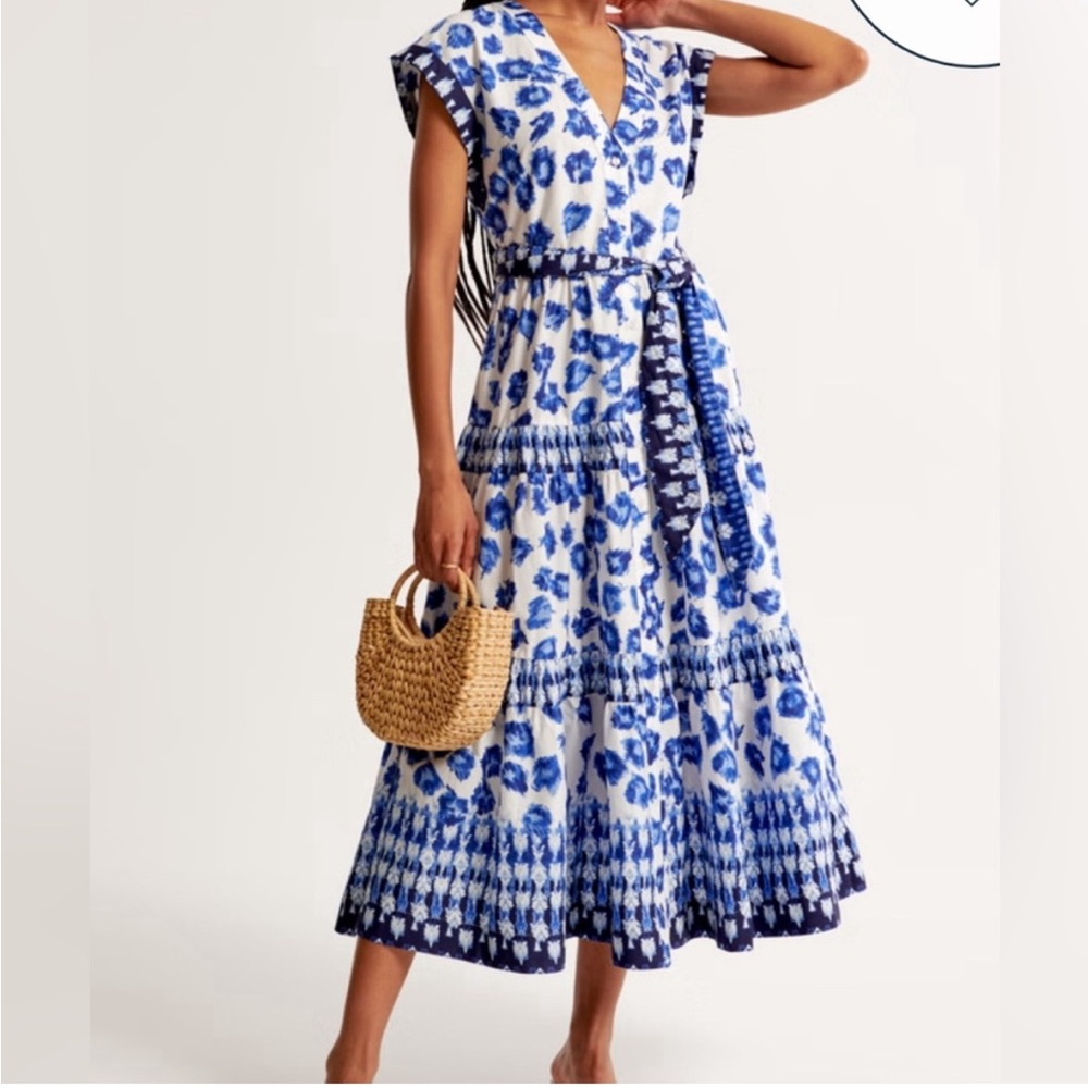 Abercrombie Tie Maxi Dress in Blue Print size s tall white midi short sleeve